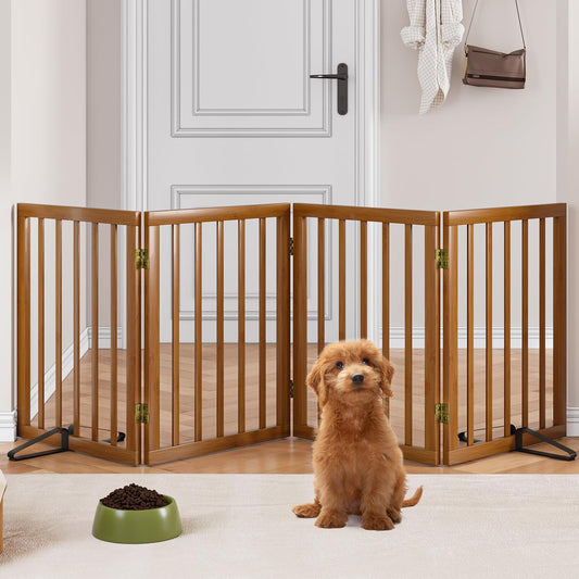 Freestanding Pet Gate Foldable 4 Panel Dog Gate Walnut Dog Gates for Stair Doorways House Indoor (2
