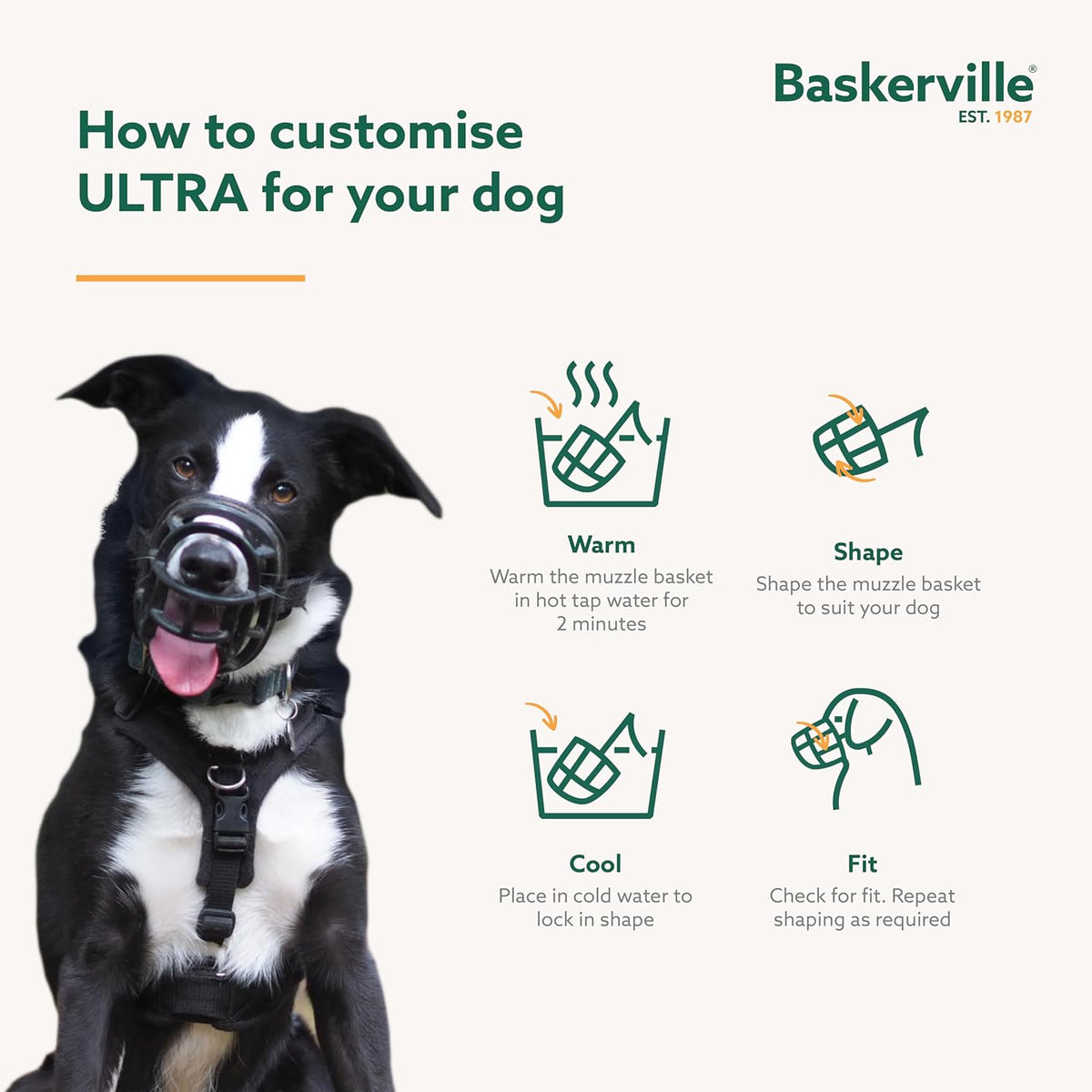 BASKERVILLE ULTRA MUZZLE - Patented Humane Design, Breathable, Dog can Pant and Drink, Adjustable