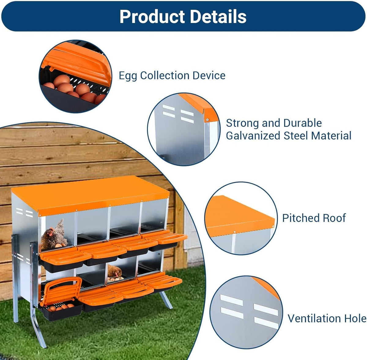 Chicken Nesting Boxes, 8 Hole Metal Chicken Laying Box with with Removable Trays and Roll Out Egg