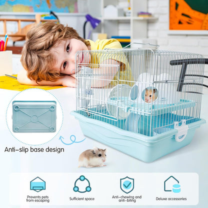 PINVNBY Dwarf Hamster Cage, Small Animal Cages, 2-Tier Travel Portable Mouse Cage Hamster Carrier