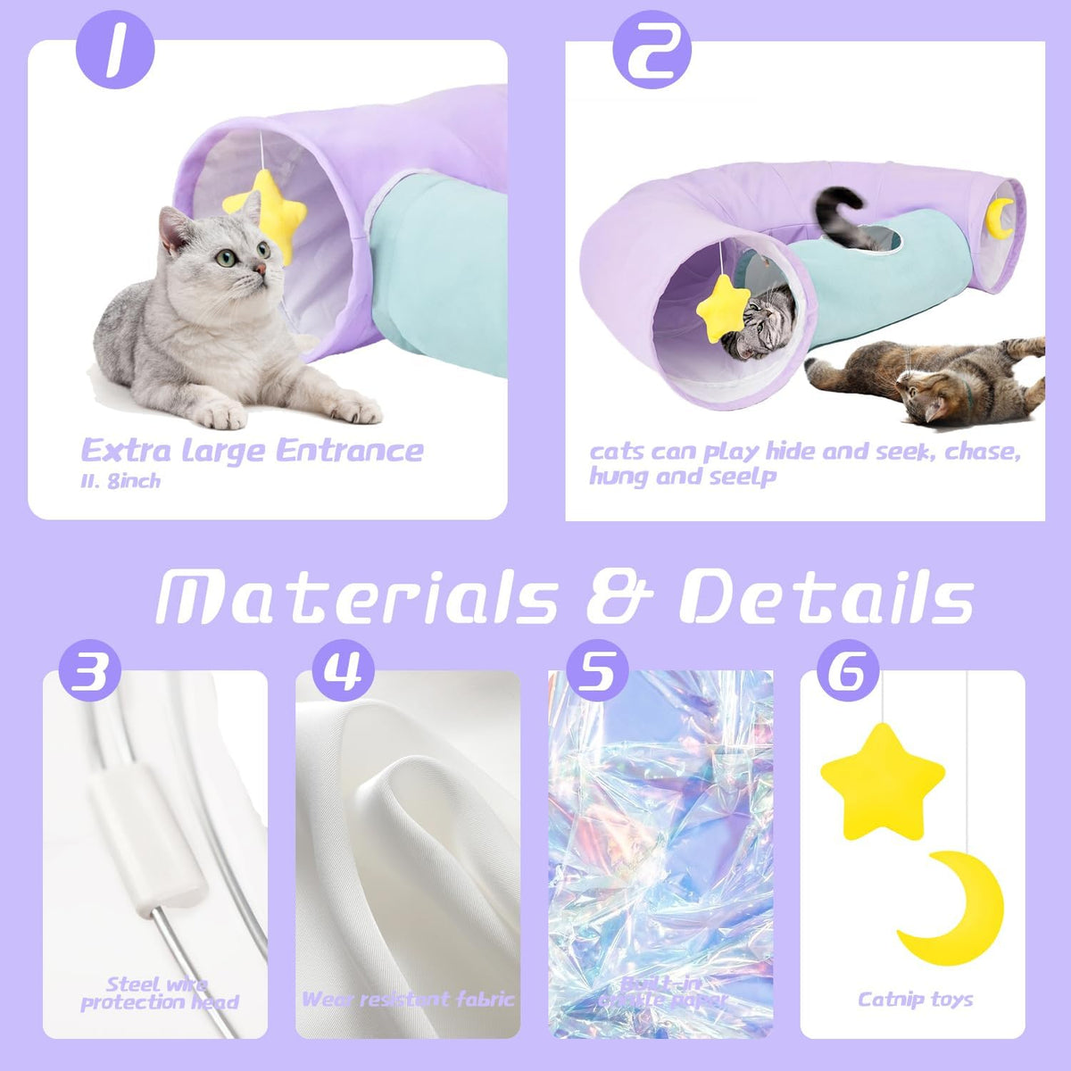 Cat Tunnel, Large Indoor Durable Collapsible Interactive Cat Tube with Peek-A-Boo Hole, Hanging