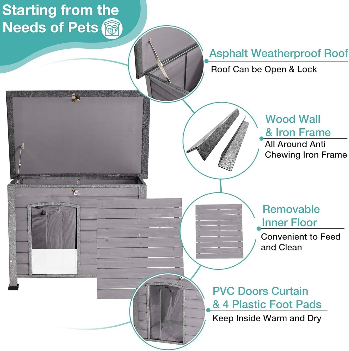 Feral Dog House Outdoor,Anti Bite Iron Frame Dog Kennel,Wood Warm Pets Home,Insulated Weatherproof
