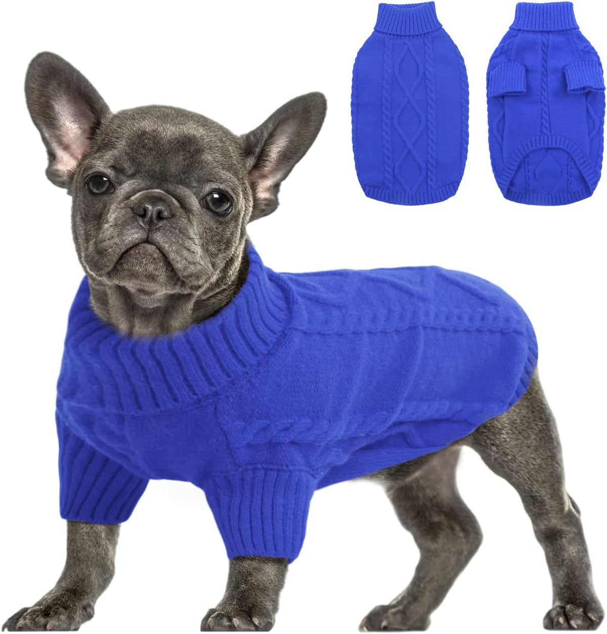 Queenmore Small Dog Pullover Sweater, Cold Weather Cable Knitwear, Classic Turtleneck Thick Warm