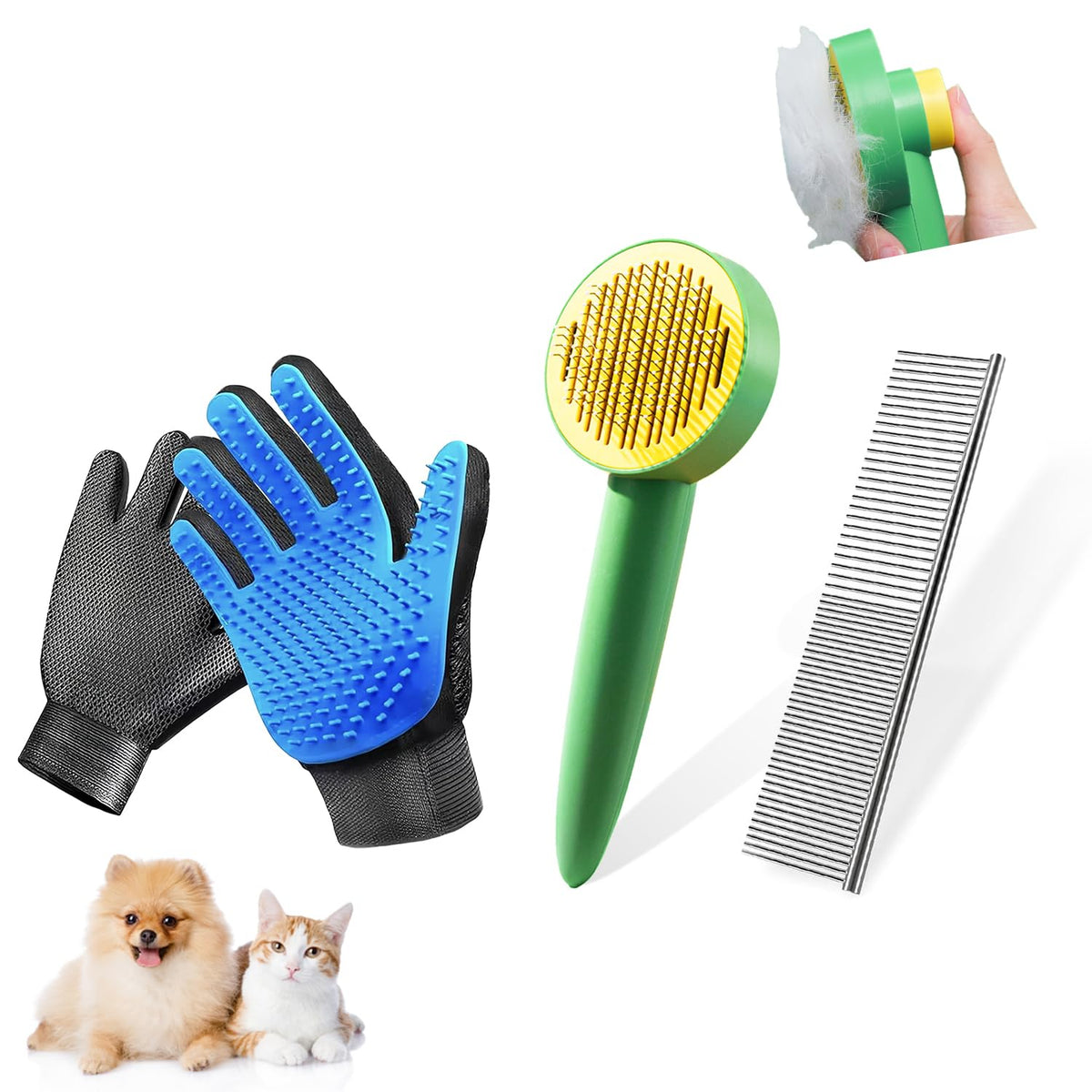 Dog & Cat Brush,Pet Grooming Kit 4PCS- Dog Brush for Shedding| A Pair Pet Hair Removal Gloves|