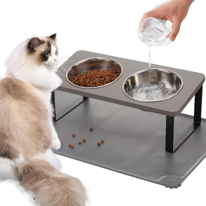 Upgraded Elevated Cat Bowls with Food Mat,15°Tilted Stand Anti Vomiting Raised Cat Dishes for Food