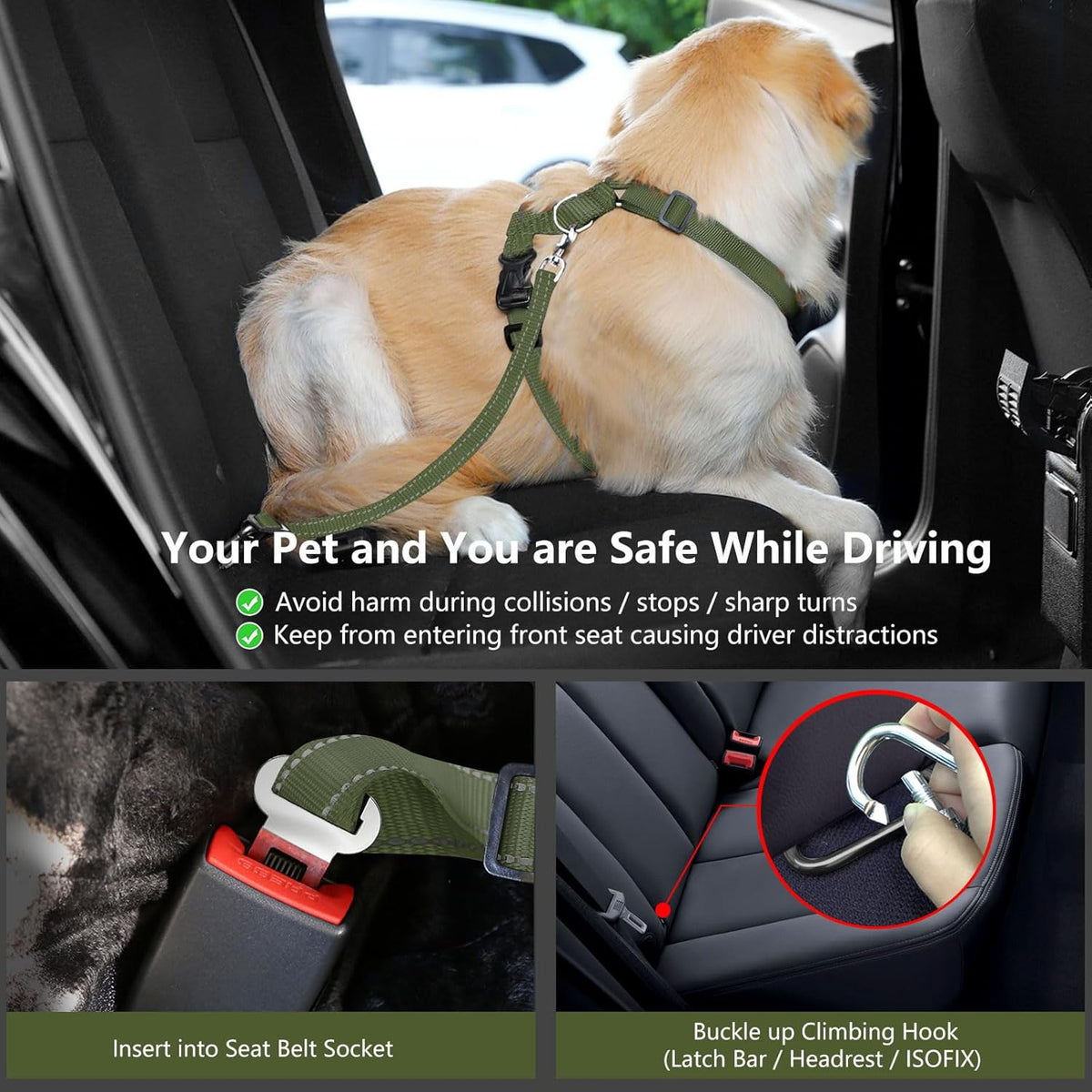 Dog Seat Belt Harness for Car, Dog Car Harness Adjustable Mesh Breathable & Dogs Seatbelt Safety