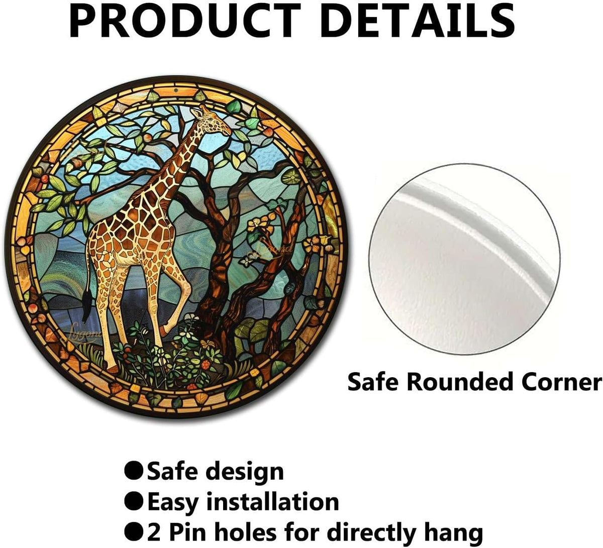 Lygond Metal Sign Tin Sign Circular Stained Glass Giraffe Bathroom Signs for Home for Garage 8×8
