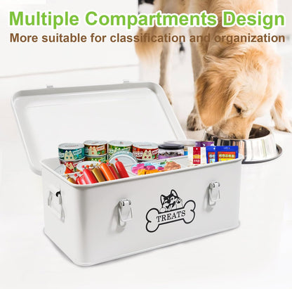 Metal Dog Treat Container,Dog Treats Storage Box with Lid,White Pet Food Bin with
