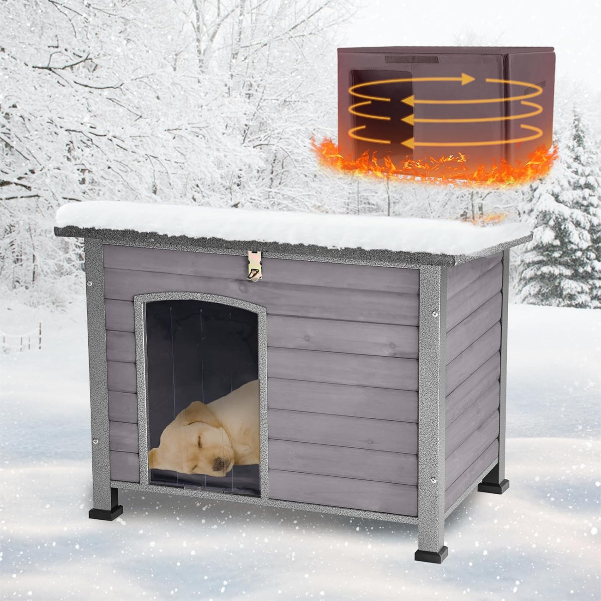 Feral Dog House Outdoor,Anti Bite Iron Frame Dog Kennel,Wood Warm Pets Home,Insulated Weatherproof