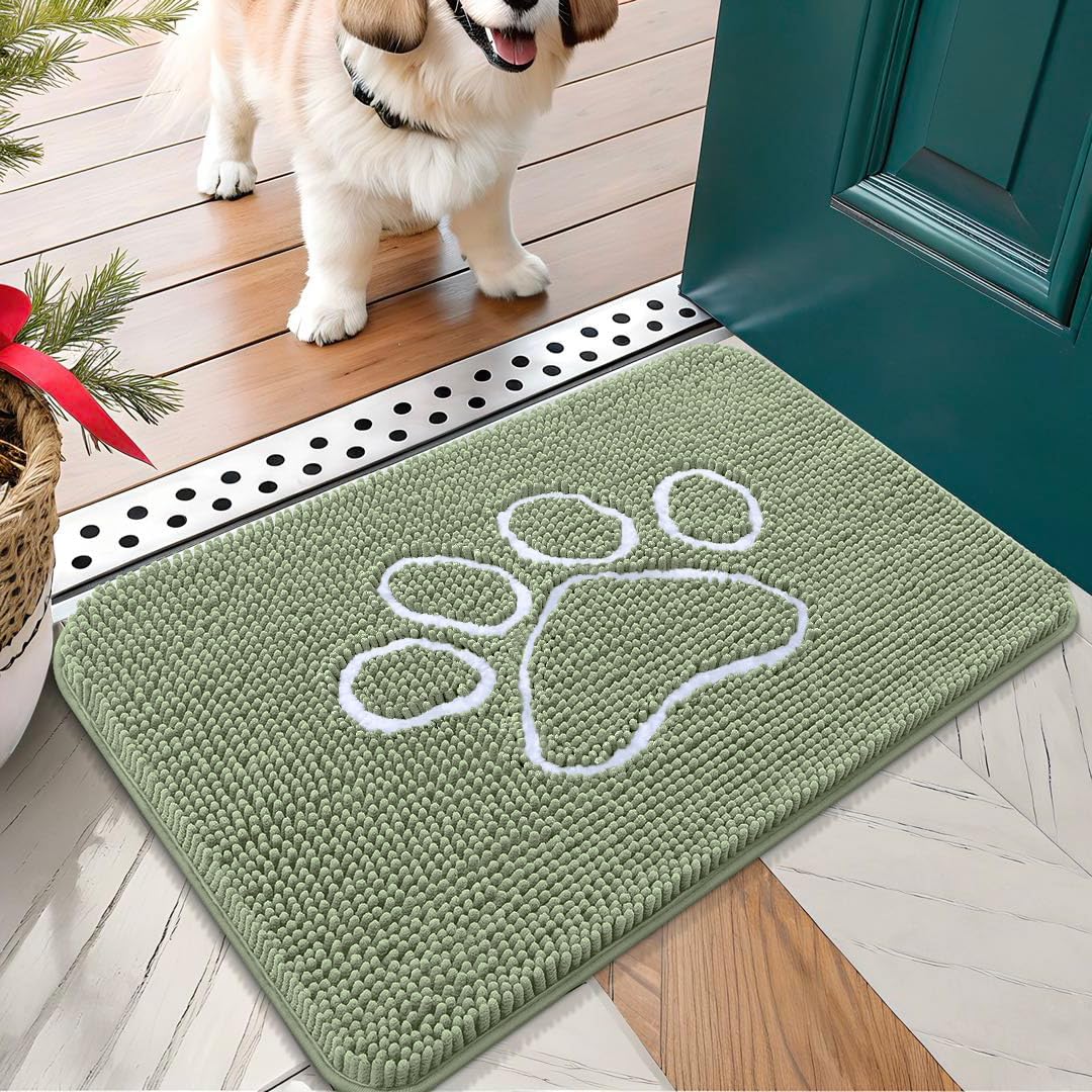 OLANLY Door Mat for Muddy Dog Paws 24x16, Ultra Absorbent Chenille Mud Doormat with Paw Print