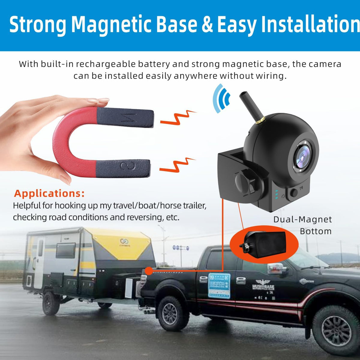 Magnetic Wireless Backup Camera-WiFi Reversing Camera with Rechargeable Battery, IP68 Waterproof