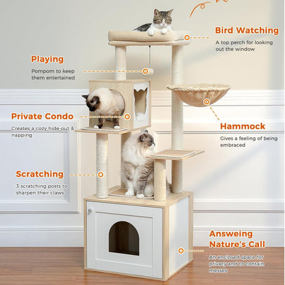 Tall Cat Tree with Litter Box Enclosure 56.7" Wooden Cat Tower for Large Cats with Cat Hammock