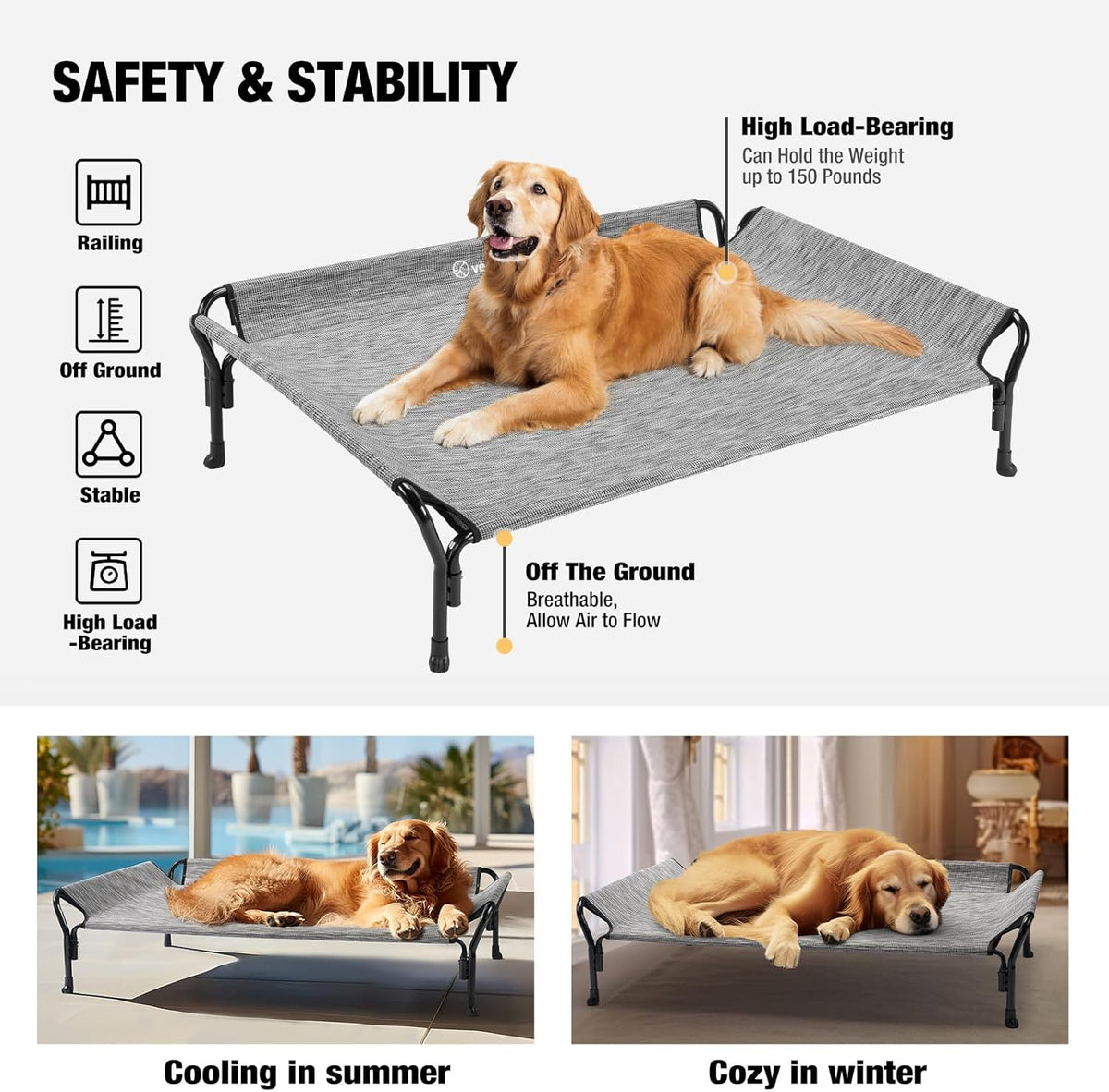 Veehoo Cooling Elevated Dog Bed, Raised Pet Cot with Guardrail & Slope Headrest, Durable Breathable