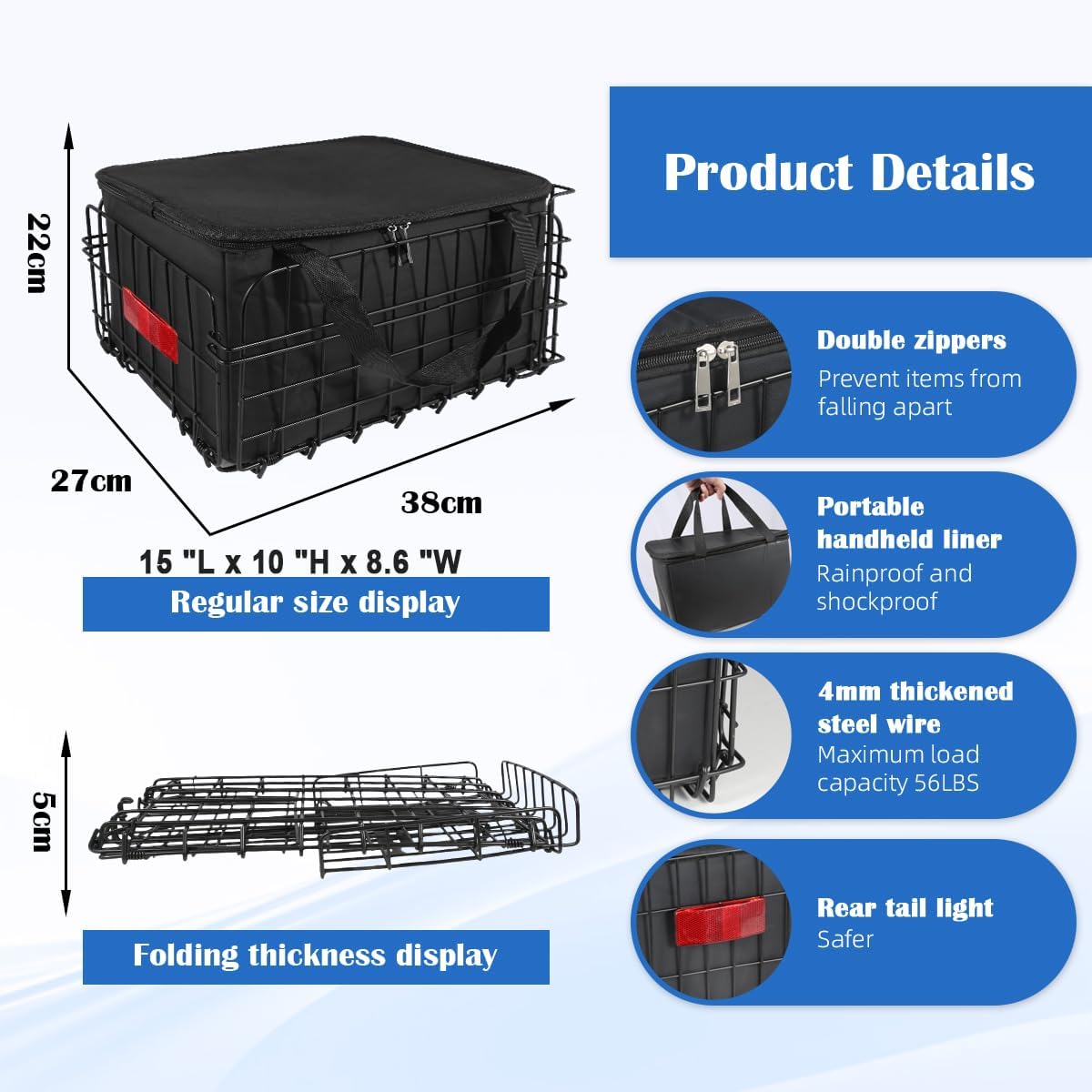Bike Basket Rear, Folding Bicycle Basket with Removable Waterproof Liner Bag, Rear Bike Cargo Rack