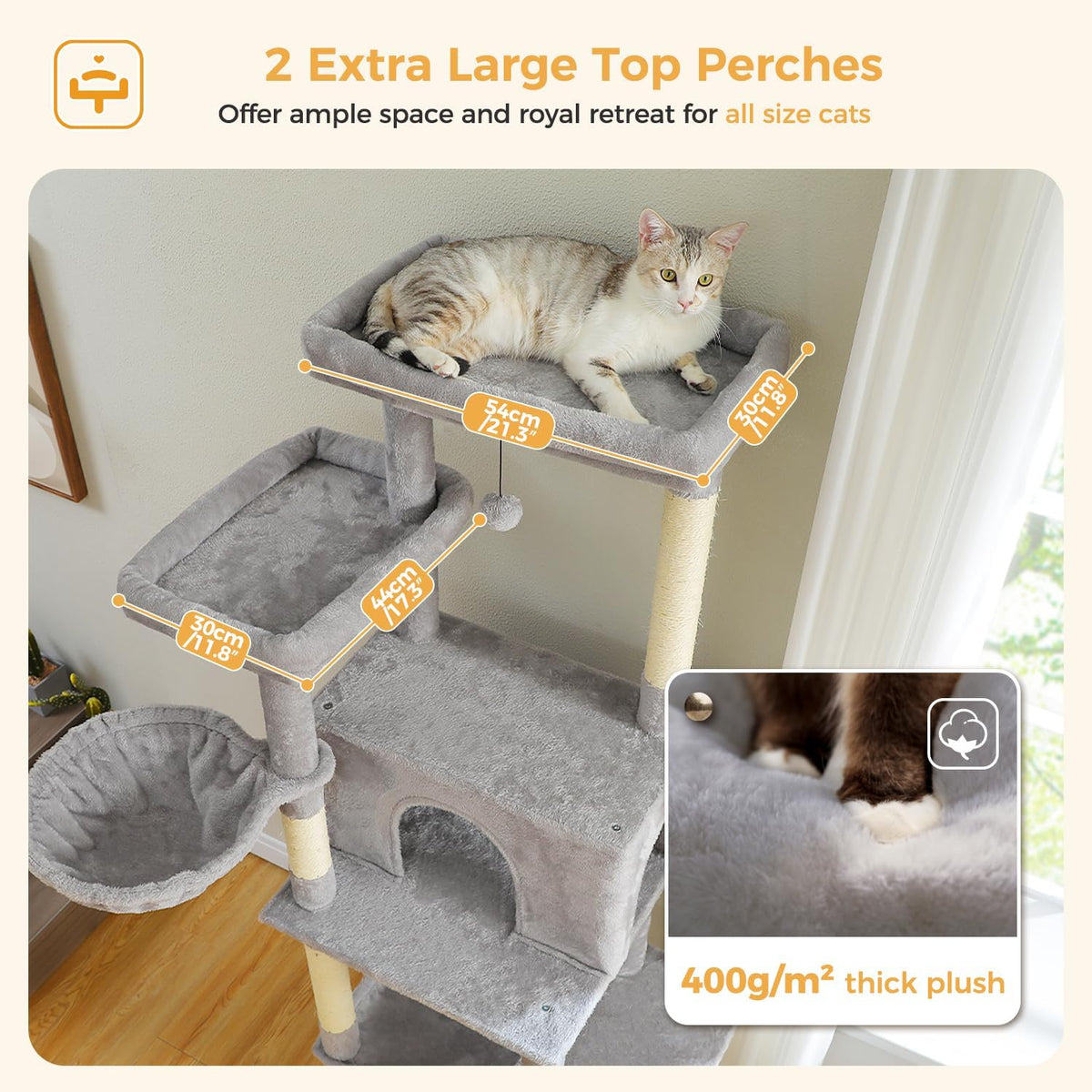 PAWZ Road Tall Cat Tree, 73 Inches Large Cat Tower with Large Padded Perch,2 Spacious Hammocks,8