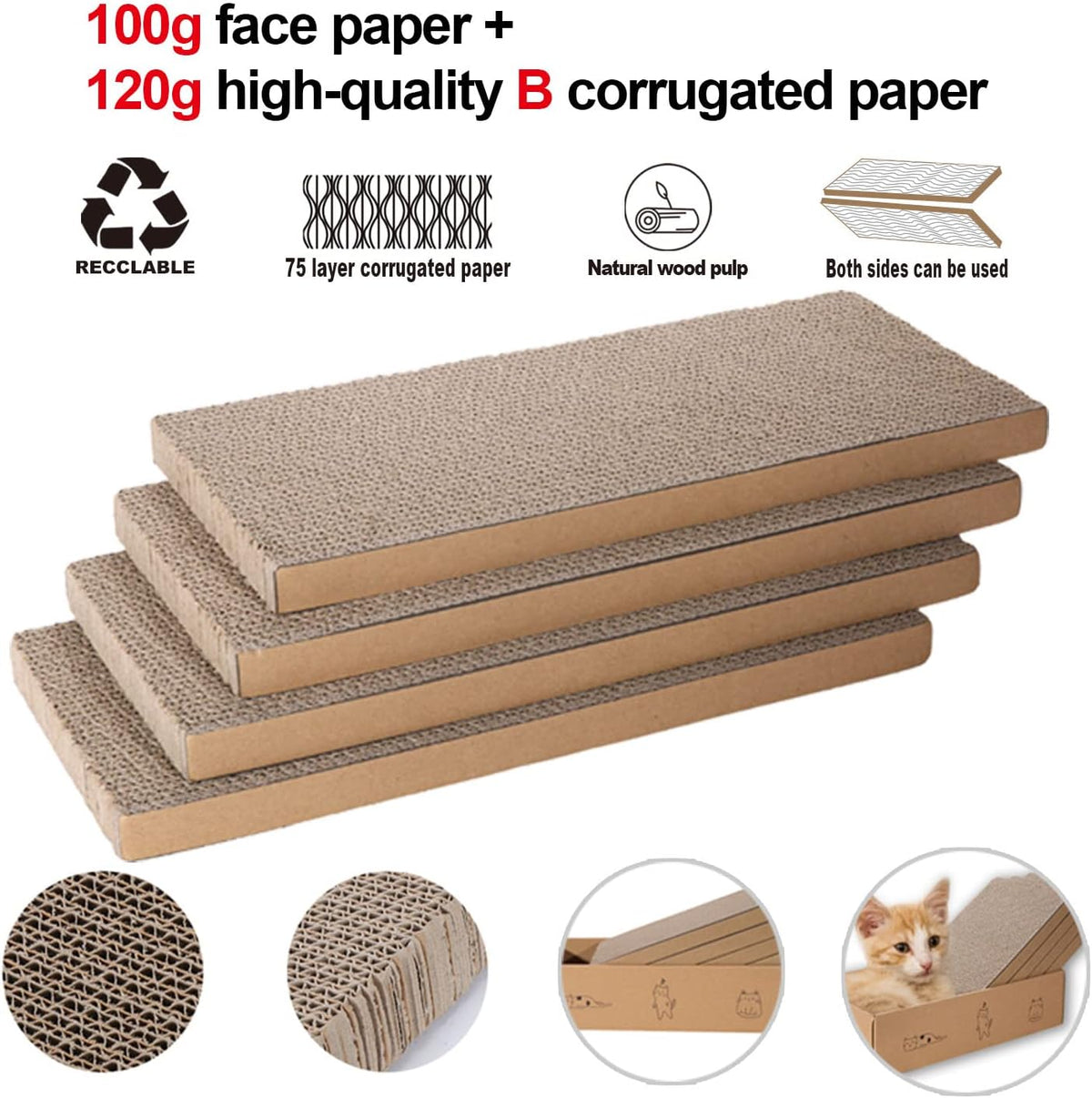 4 Packs in 1 Cat Scratch Pad with Box, Cat Scratcher Cardboard,Reversible,Durable Recyclable