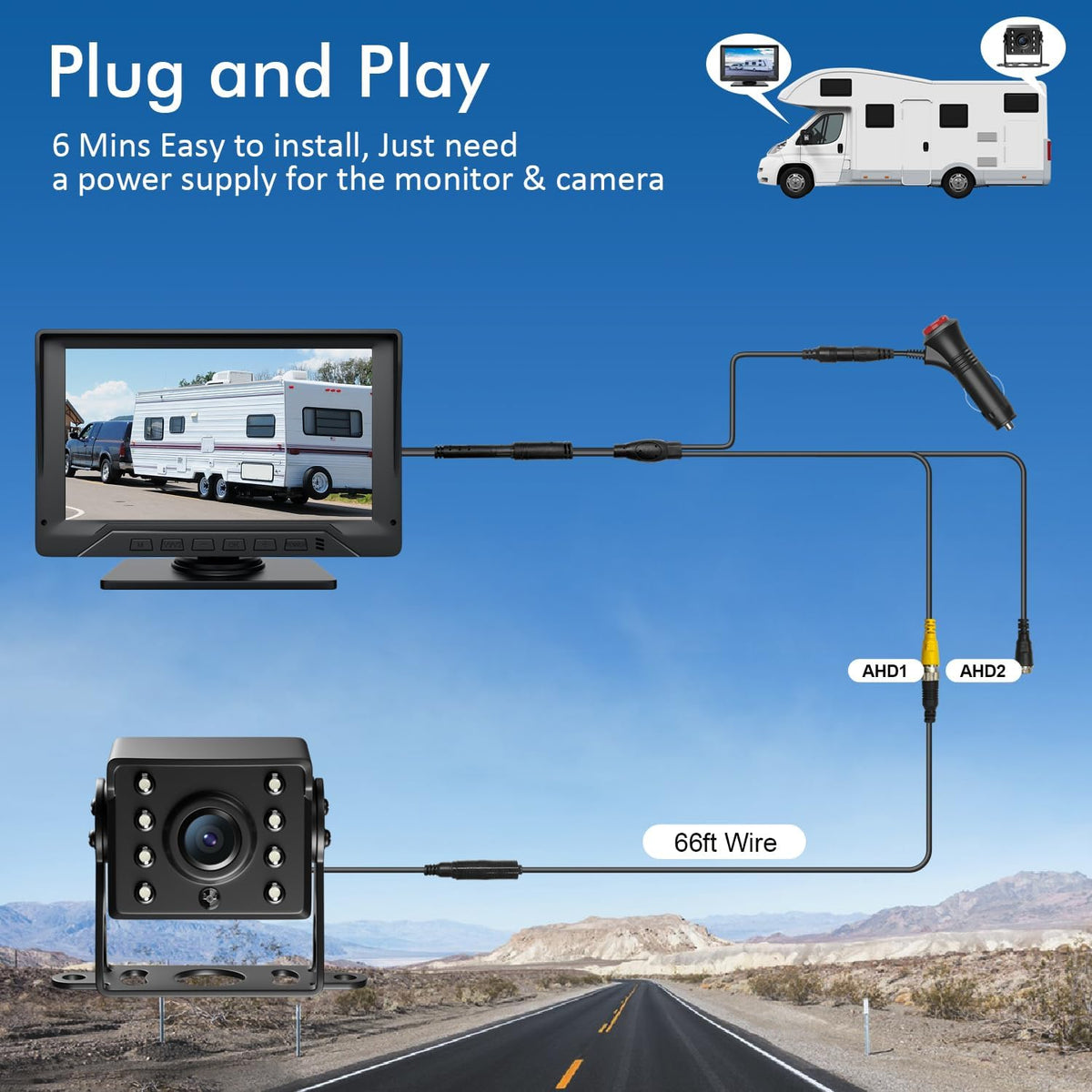 RV Backup Camera Plug and Play, 7'' Backup Camera for Truck Trailer, No Delay, 1080P HD, 2