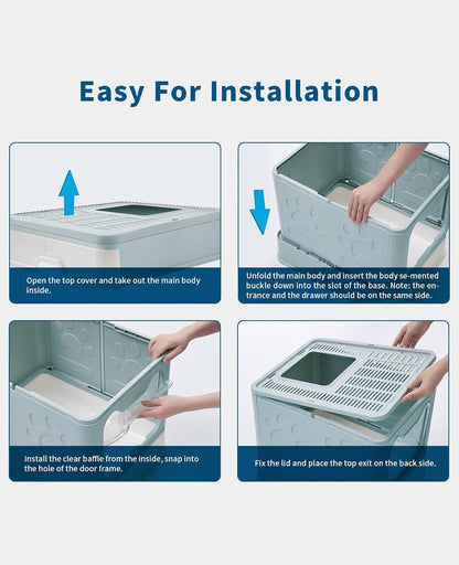 Cat Litter Box with Litter Mat and Scoop, Large Foldable Litter Box with Lid, Front Entry Top Exit