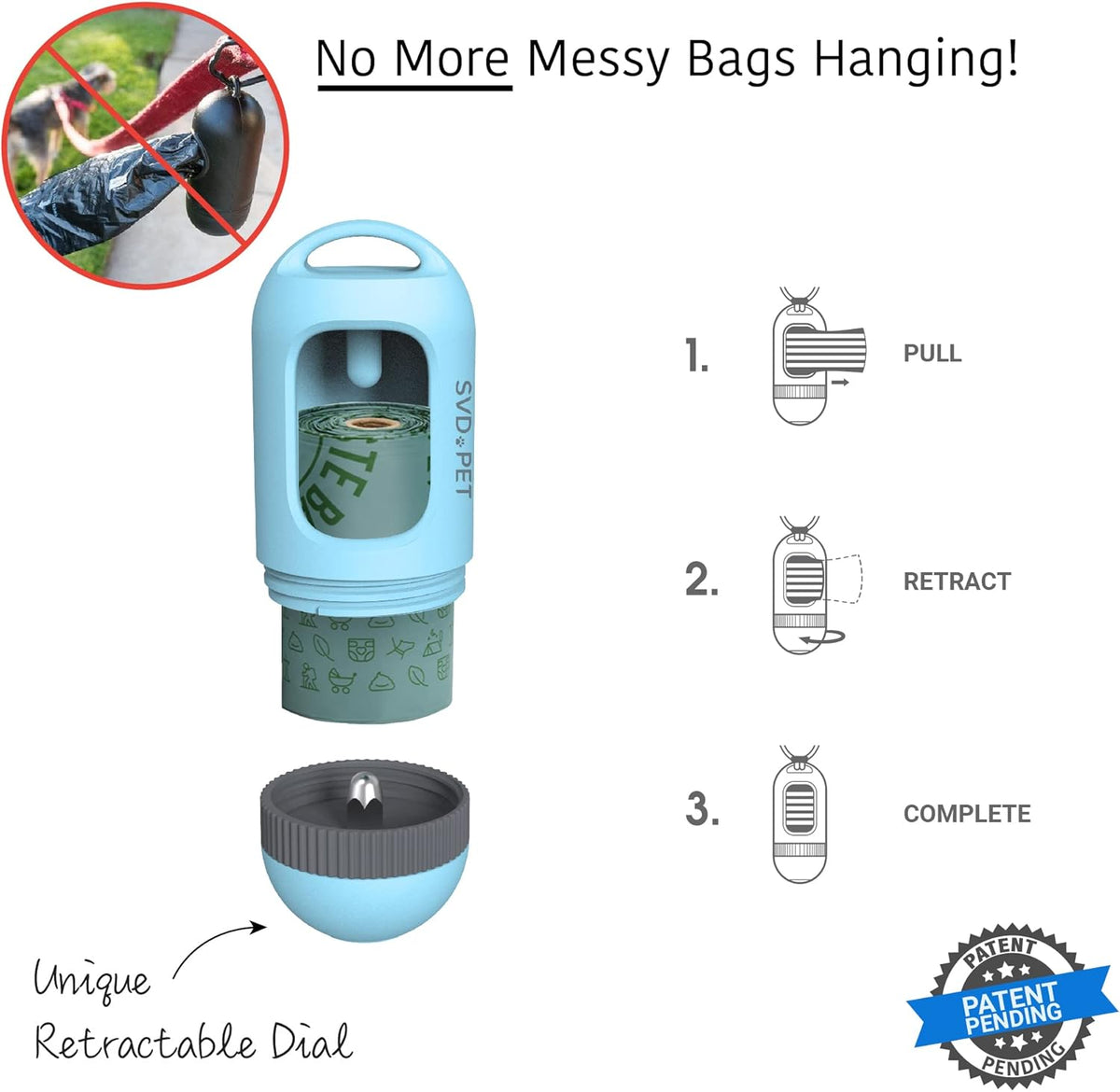 SVD.PET Dog Poop Bag Dispenser, Retractable Waste Bag Fits Any Dog Leash, 15 Waste Bags, Poop Bag