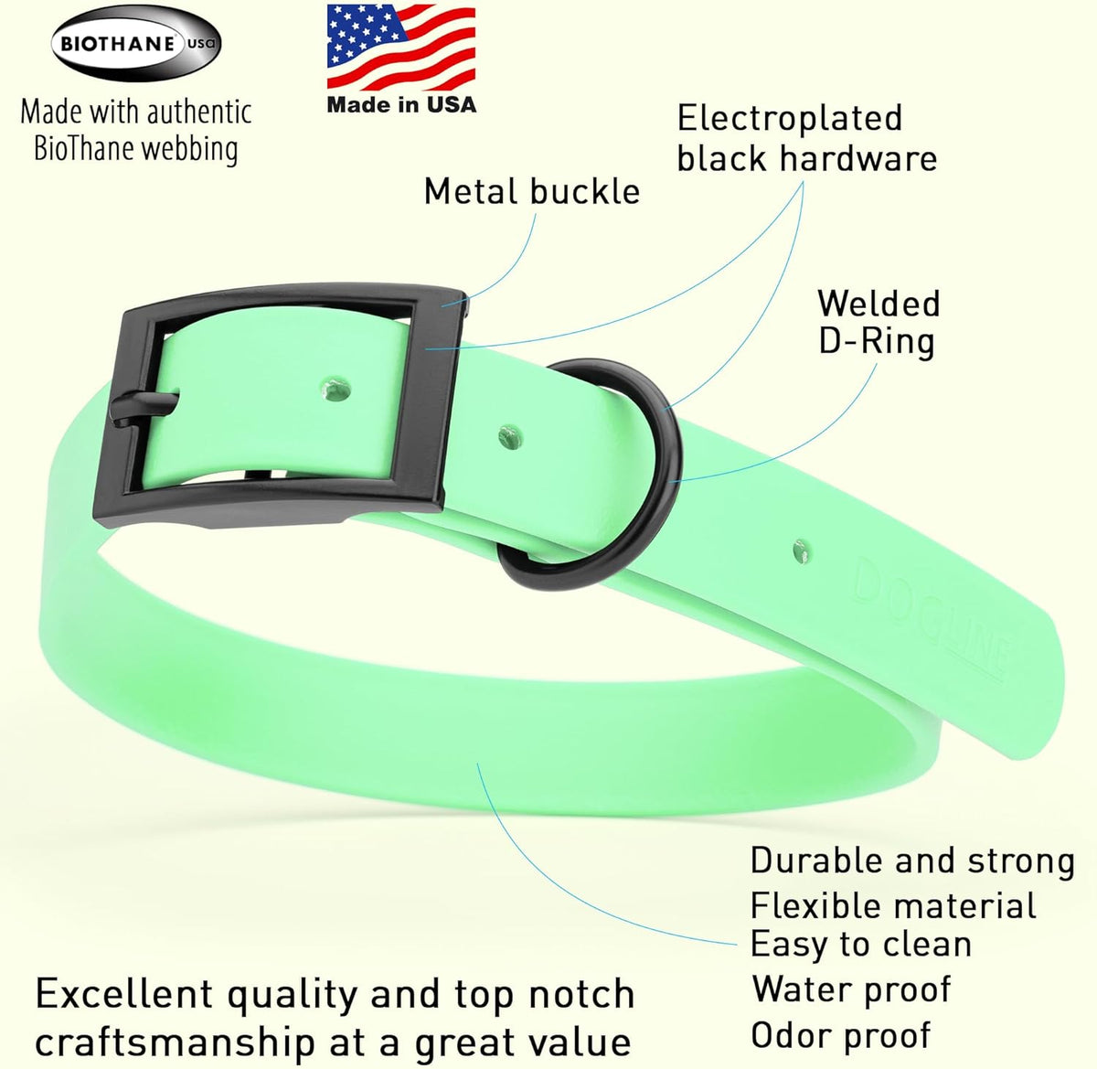 Dogline Biothane Waterproof Dog Collar Strong Coated Nylon Webbing with Black Hardware Odor- Proof