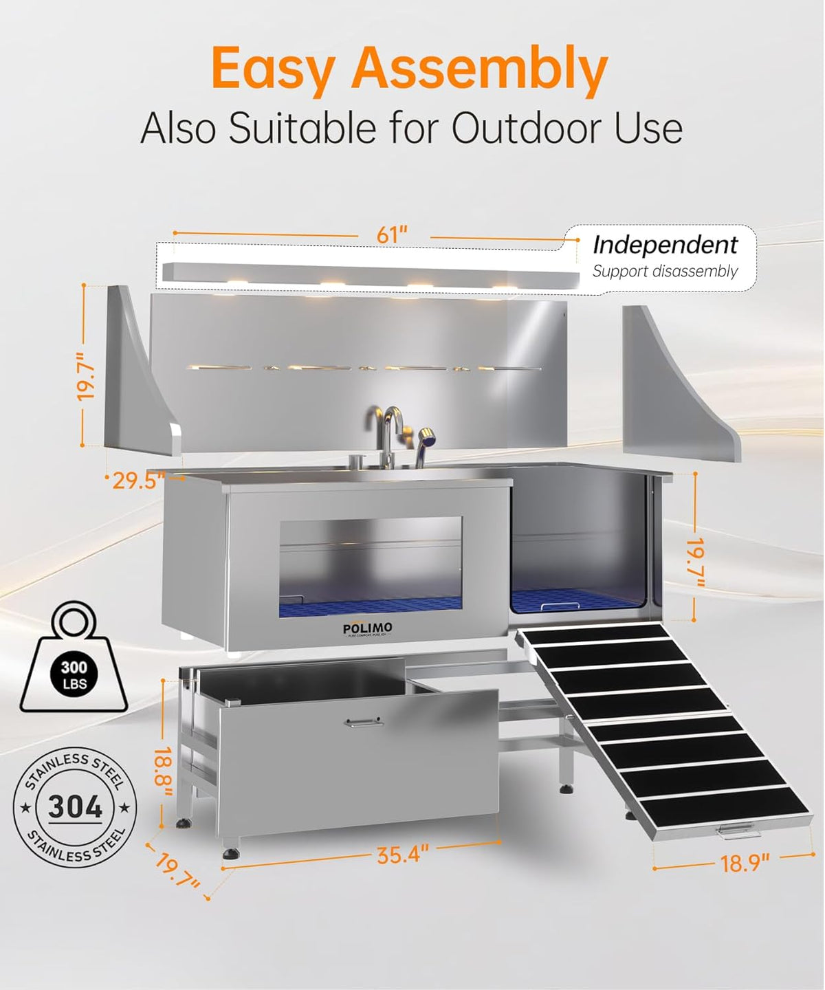 POLIMO Dog Washing Station, LED Professional Stainless Steel Dog Bathing Station 61", Dog Grooming