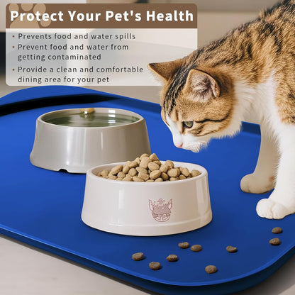 Silicone Pet Feeding Mat with Raised Edge & Residue Collection Pocket for Food and Water, Dog Bowl