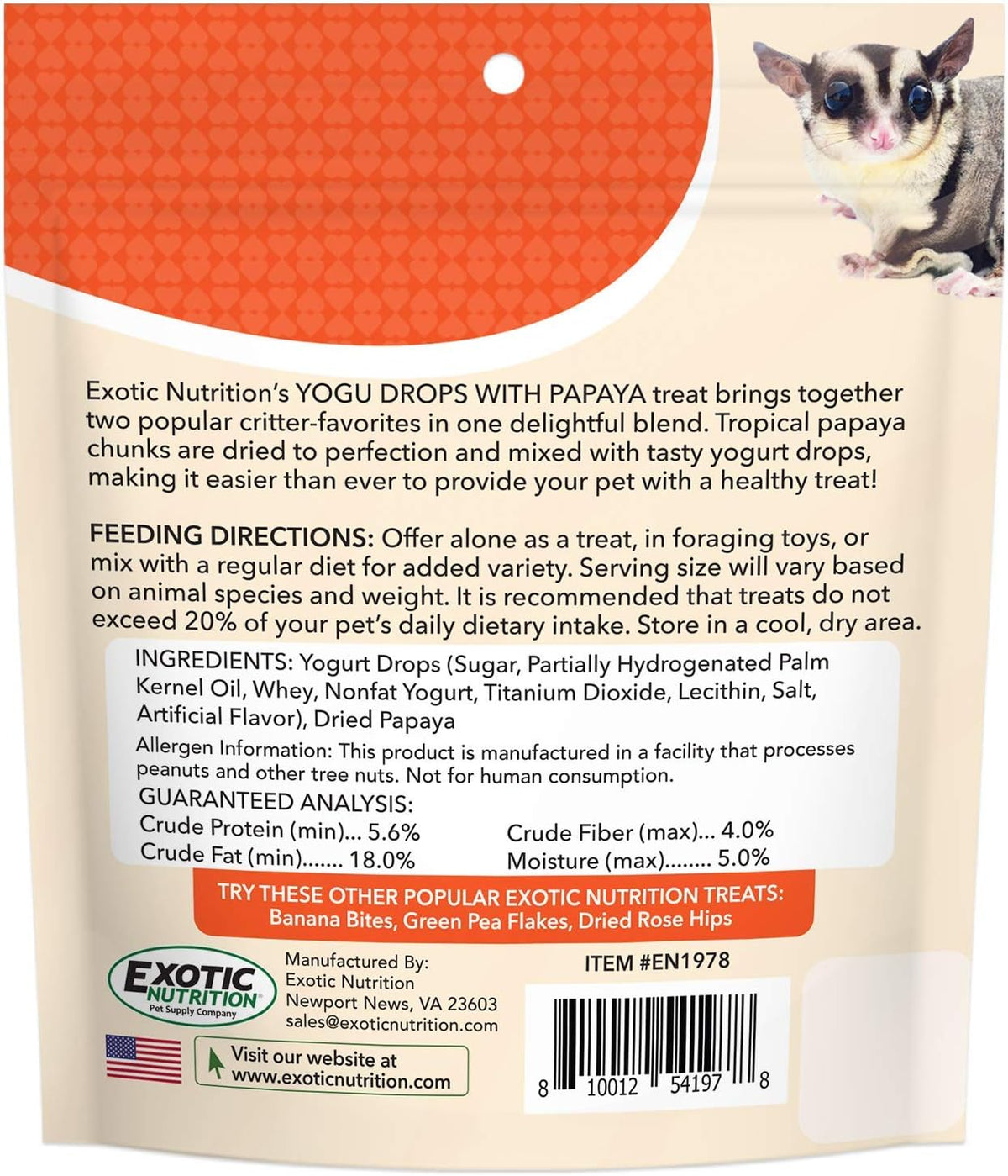 Yogu Drops With Papaya (4.5 oz.) - Healthy Natural Fruit & Yogurt Treat - For Sugar Gliders, Rats
