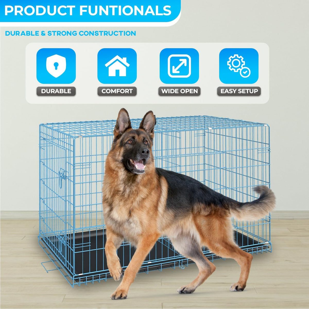 FDW Dog Crate for Large Dogs 42 Inch Folding Metal WirePet Cage Double Door W/Divider Panel Indoor