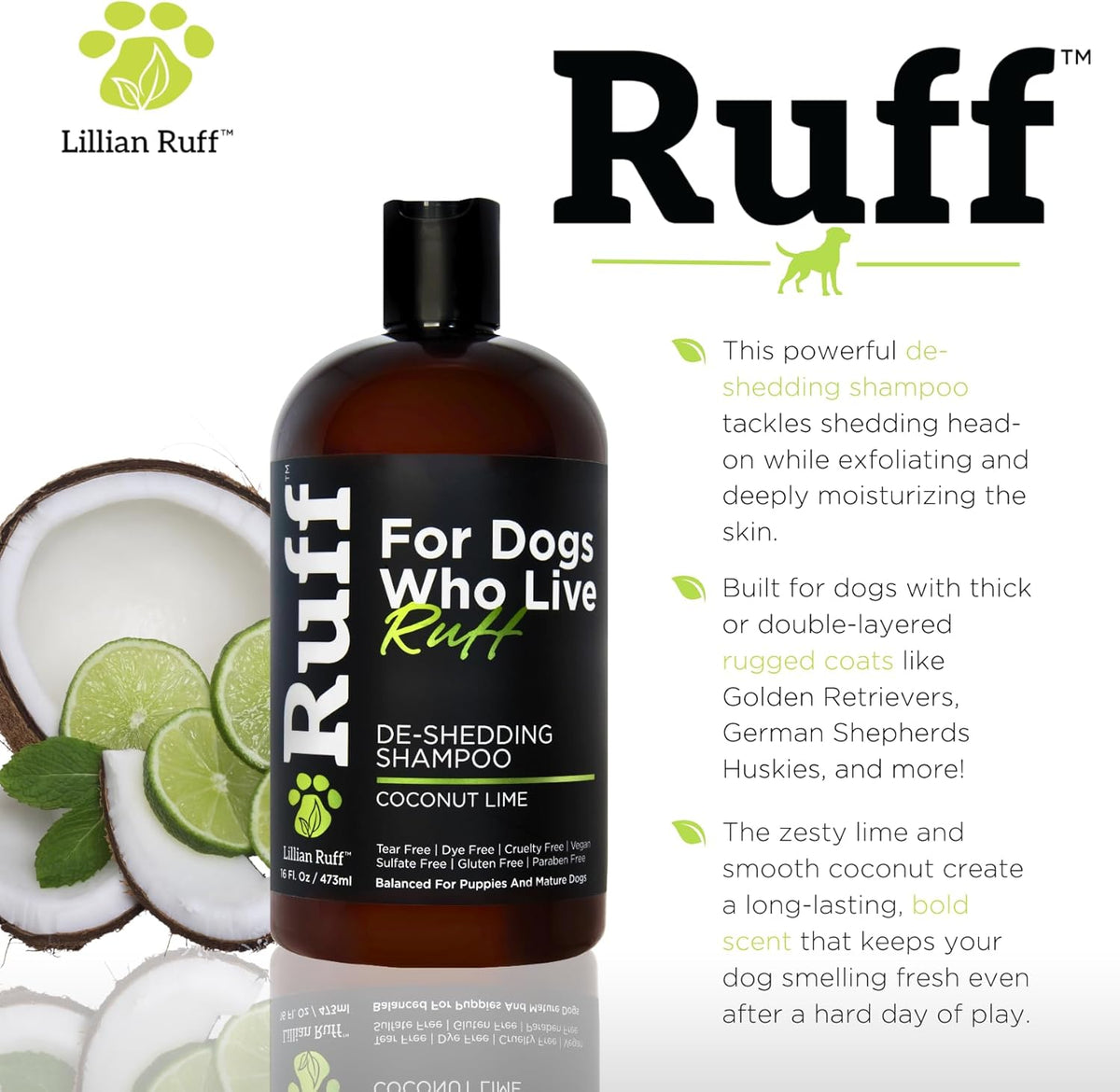 Ruff by Lillian Ruff Deshedding Dog Shampoo | Coconut Lime | Vitamin E, Omega-3, Aloe & Coconut Oil