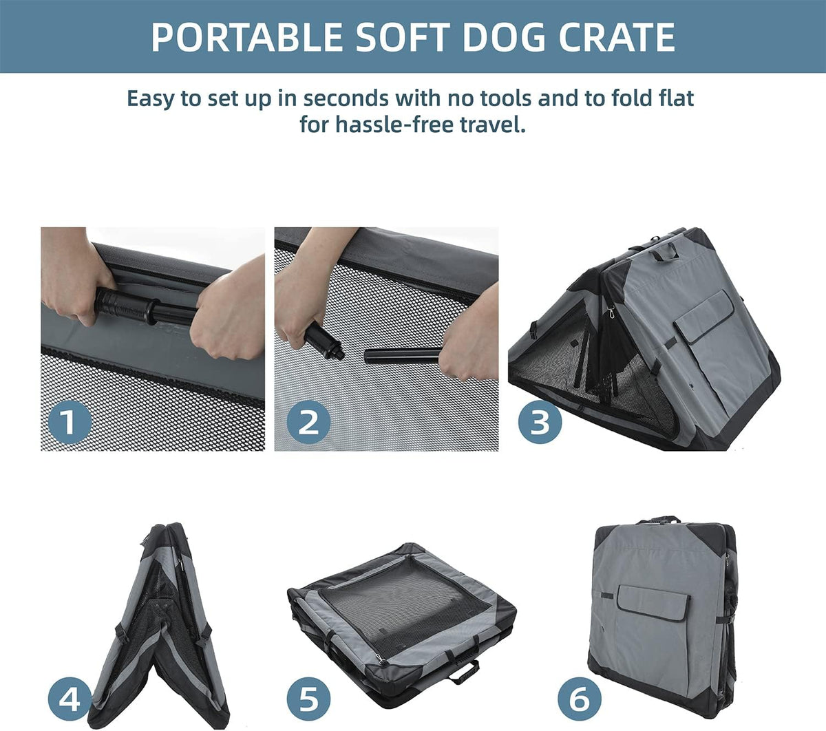 Pettycare 36 Inch Collapsible Crate for Large Dogs, 4-Door Foldable Soft Kennel with Chew Proof