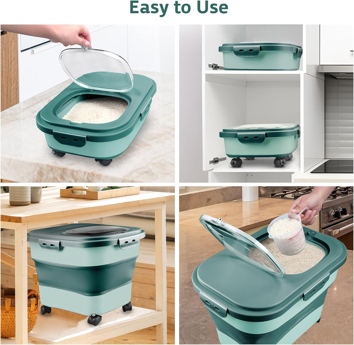 Rice Storage Containers, Collapsible 20 to 30Lbs Food Storage Bin Dispenser with Rolling Wheel and