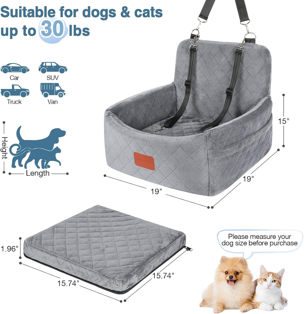 Dog Car Seat for Small Dogs Under 30lbs,Comfy & Safe Travel Bed with Washable Cover,2 Clip-On