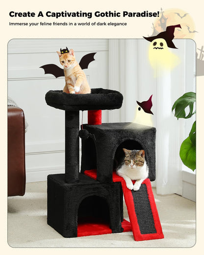PAWZ Road Gothic Cat Tree, 30 Inches Black Cat Tower with Dual Condos for Indoor Cats, Spooky Cat