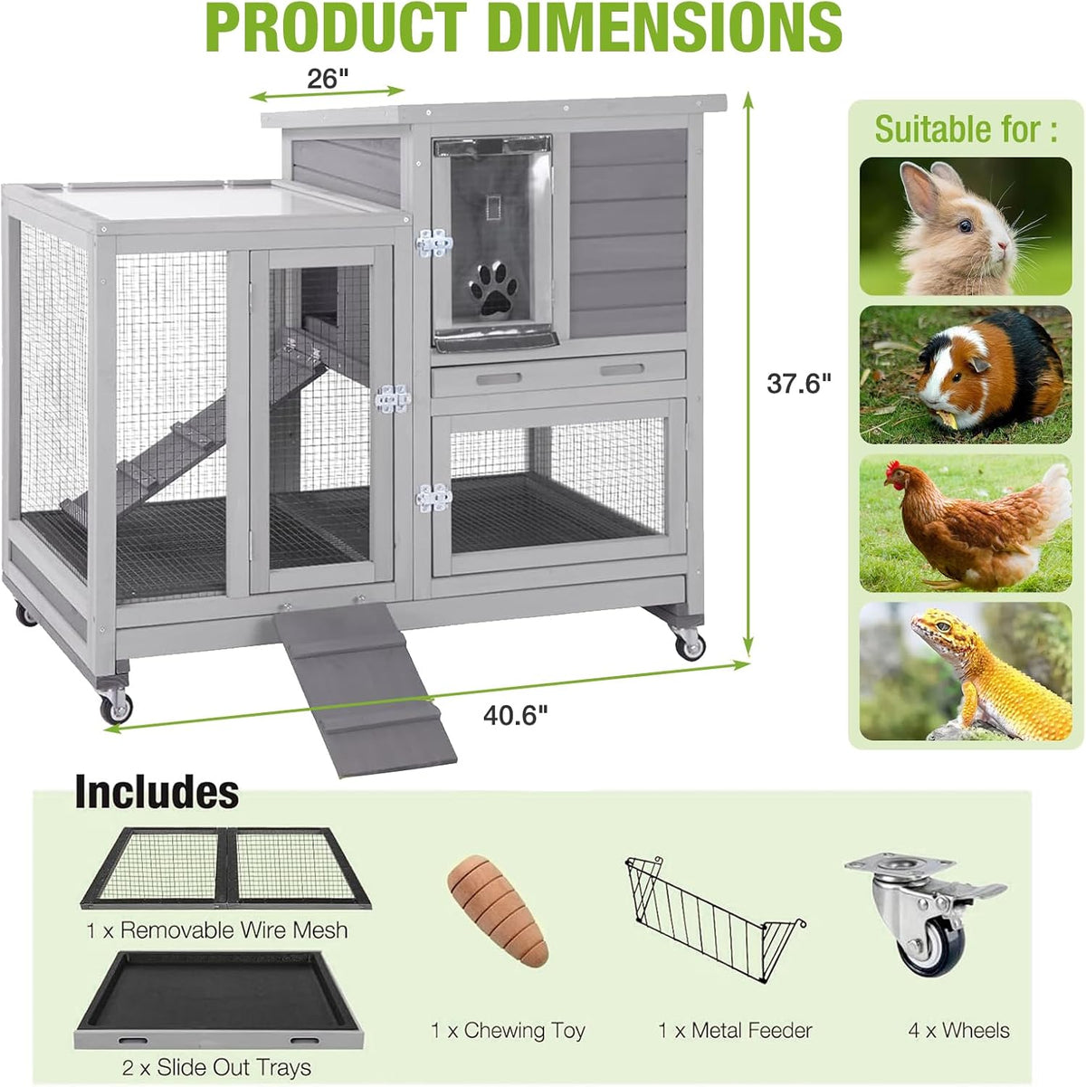 2-Story Rabbit Hutch Indoor Bunny Cage Outdoor Guinea Pig House with Wire Mesh Floor, Leak-Proof