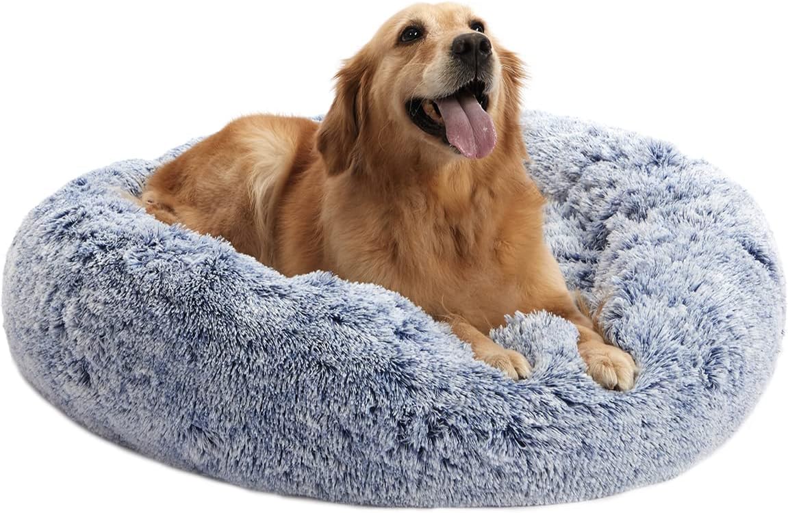 Bedfolks Calming Donut Dog Bed - 36 Inch Round Plush Beds for Large Dogs, Anti-Anxiety Machine