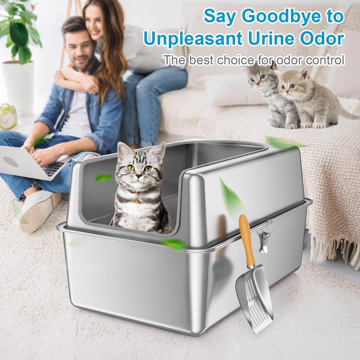 14'' High Sides XXL All Stainless Steel Cat Litter Box with Lid,XL Deep Metal Litter Box for Big