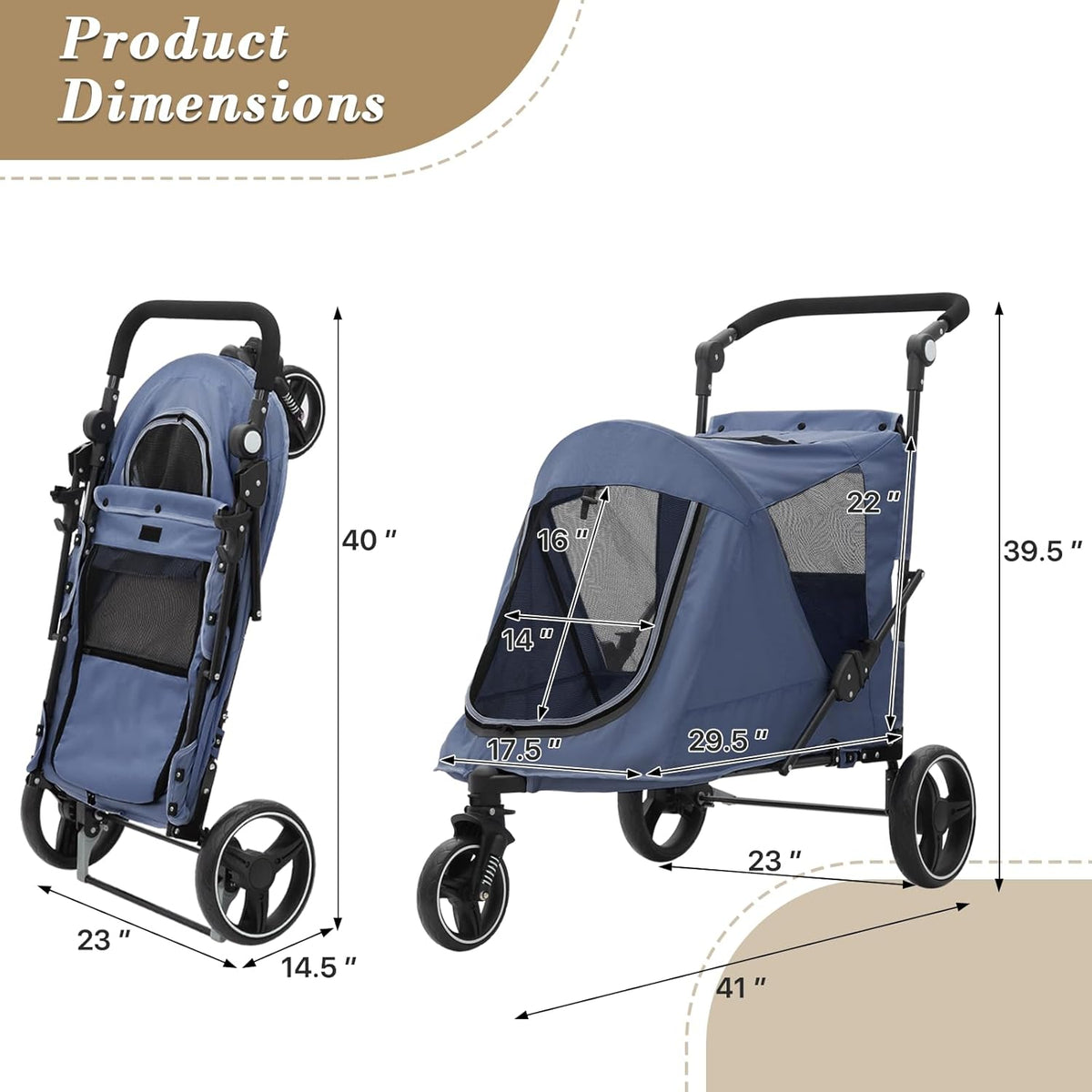 Athena Collection 3 Wheels Pet Stroller Fabric Dog Cart Dog Stroller for Large Dogs 55 Lbs Pet