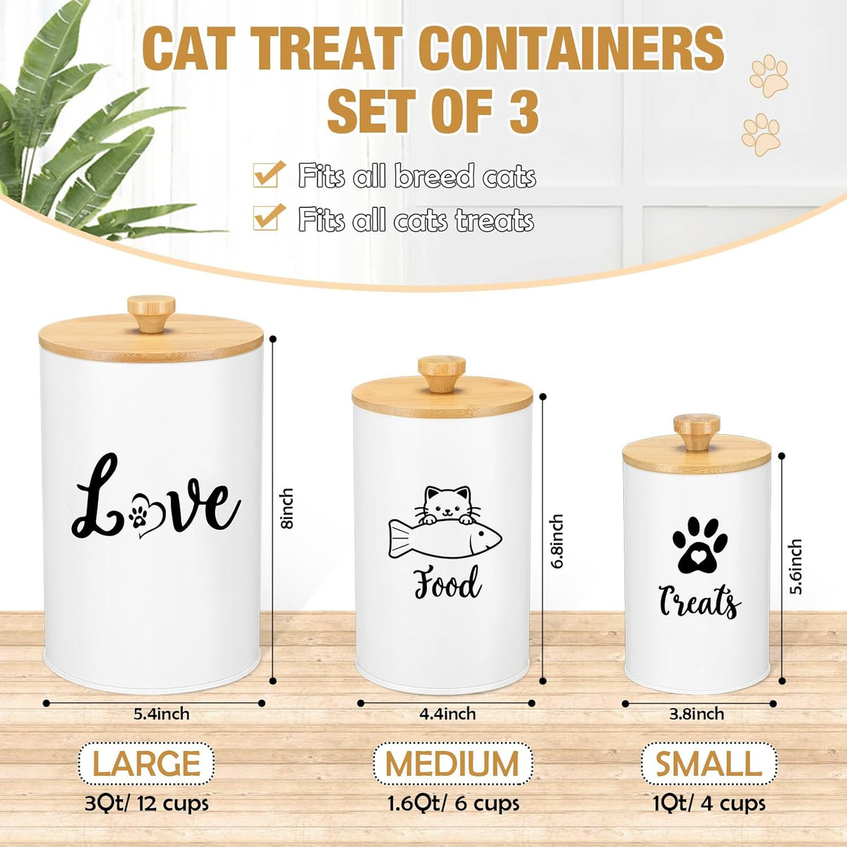 Metal Airtight Cat Treat Container Set of 3 with Bamboo Lids and Spoon Cat Food Storage Container