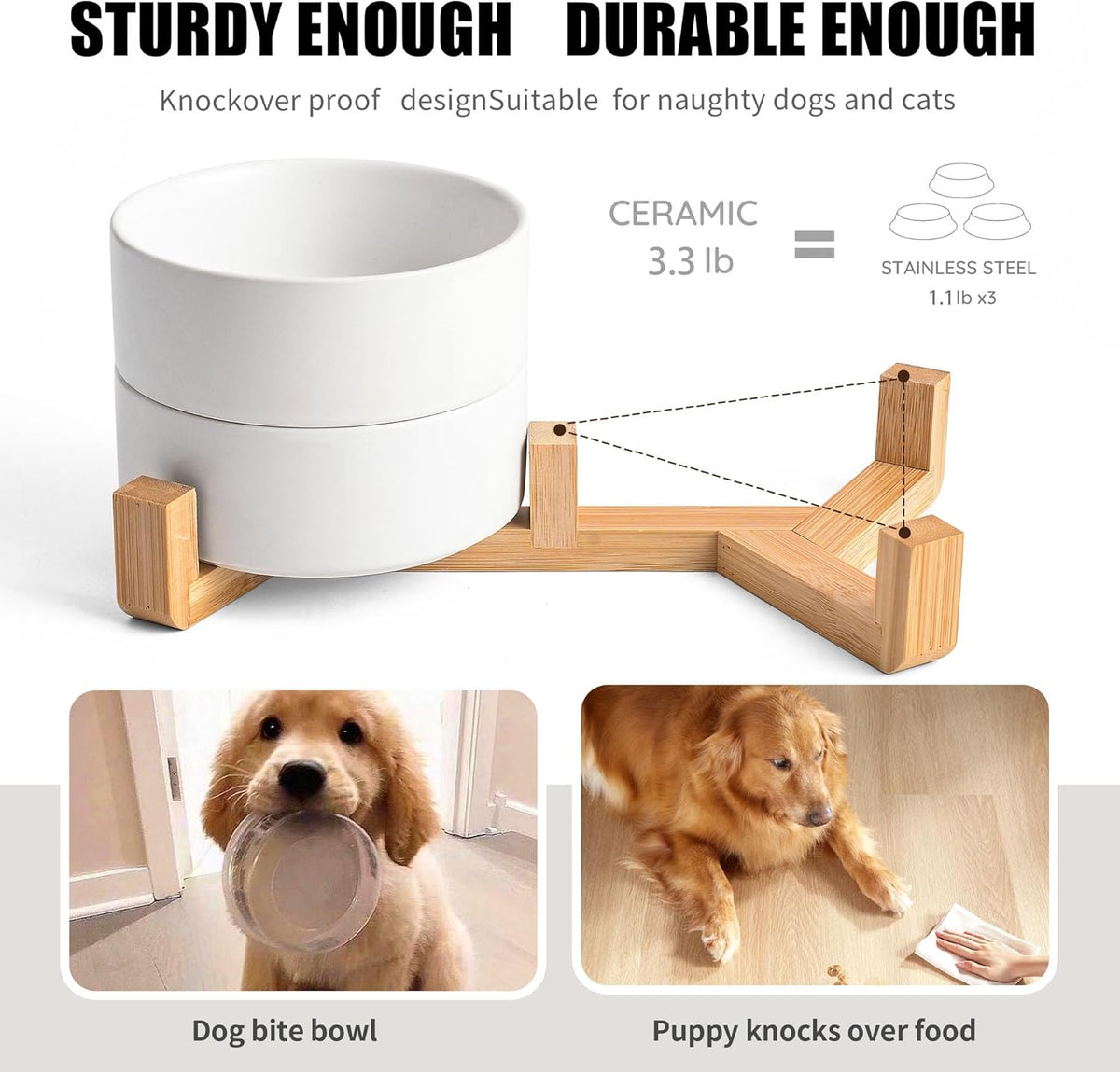 White Ceramic Dog & Cat Bowl Set – 13.5 OZ with Wooden Stand, Non-Slip, Elevated Design for Small