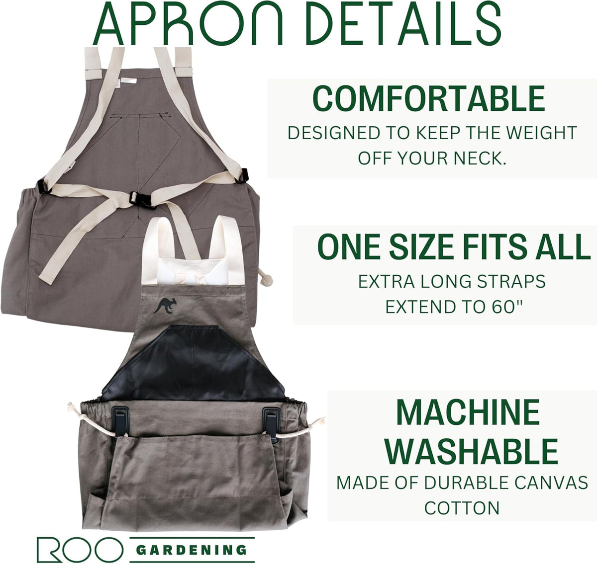Roo Gardening Apron with Pockets & Harvesting, Picking Pouch - Adjustable, Water-resistant