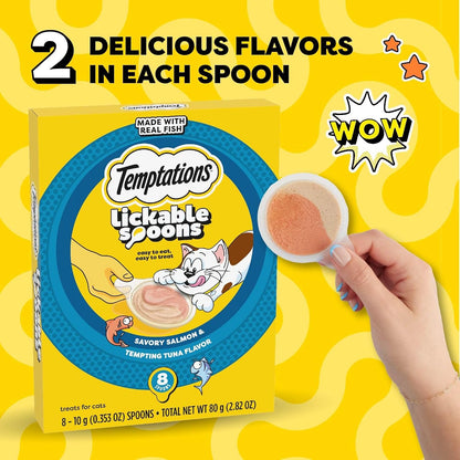 Temptations Lickable Spoons Adult Wet Cat Treat, Savory Salmon and Tempting Tuna Flavor, 8 Spoons