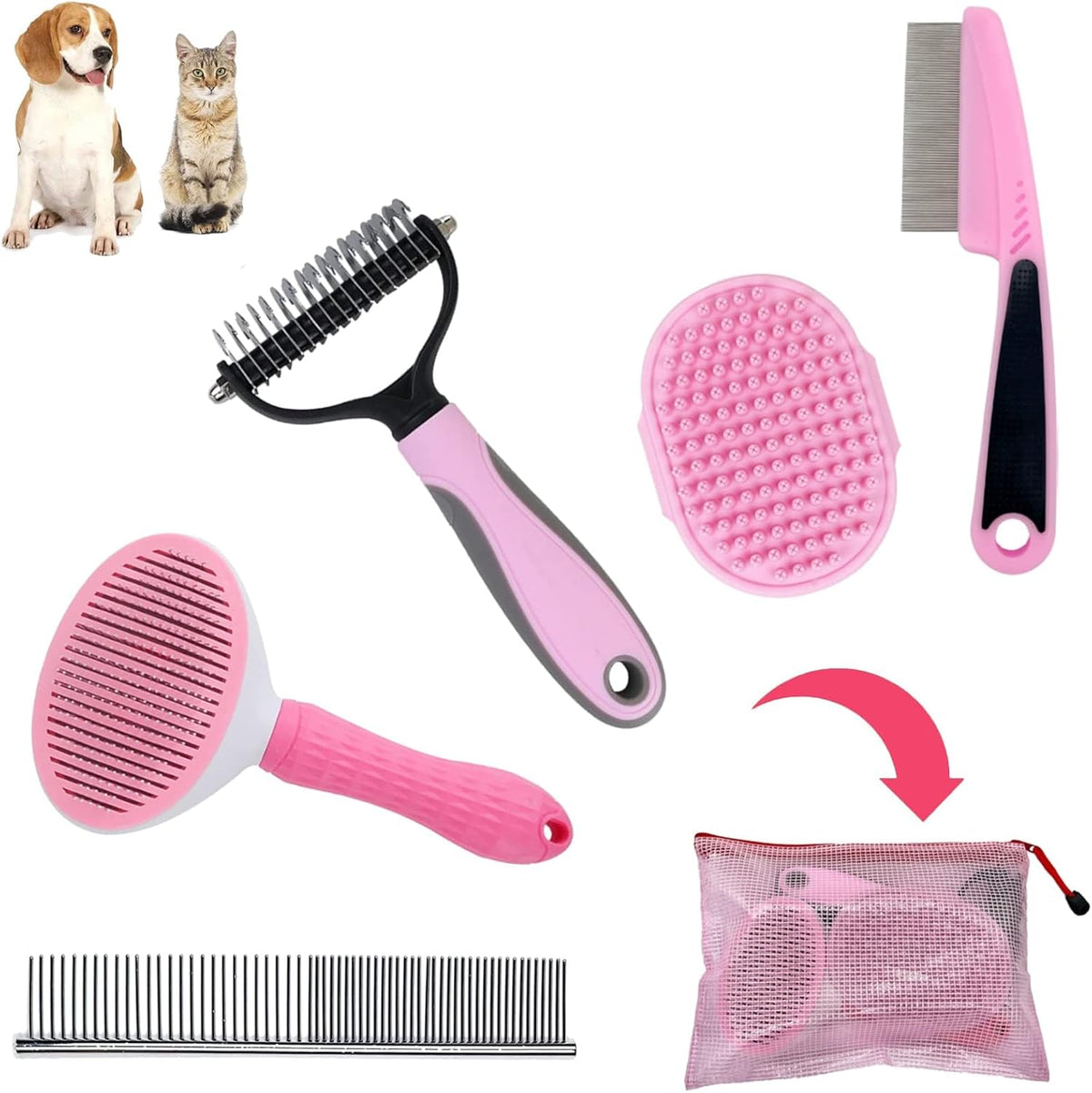 Dog Grooming Kit - Deshedding Brush for Short Hair, Slicker Brush, Flea Comb, Puppy Brush Set in