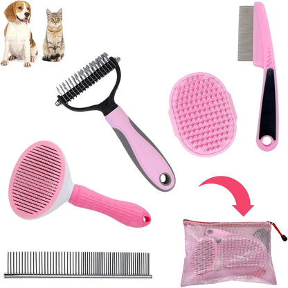 Dog Grooming Kit - Deshedding Brush for Short Hair, Slicker Brush, Flea Comb, Puppy Brush Set in