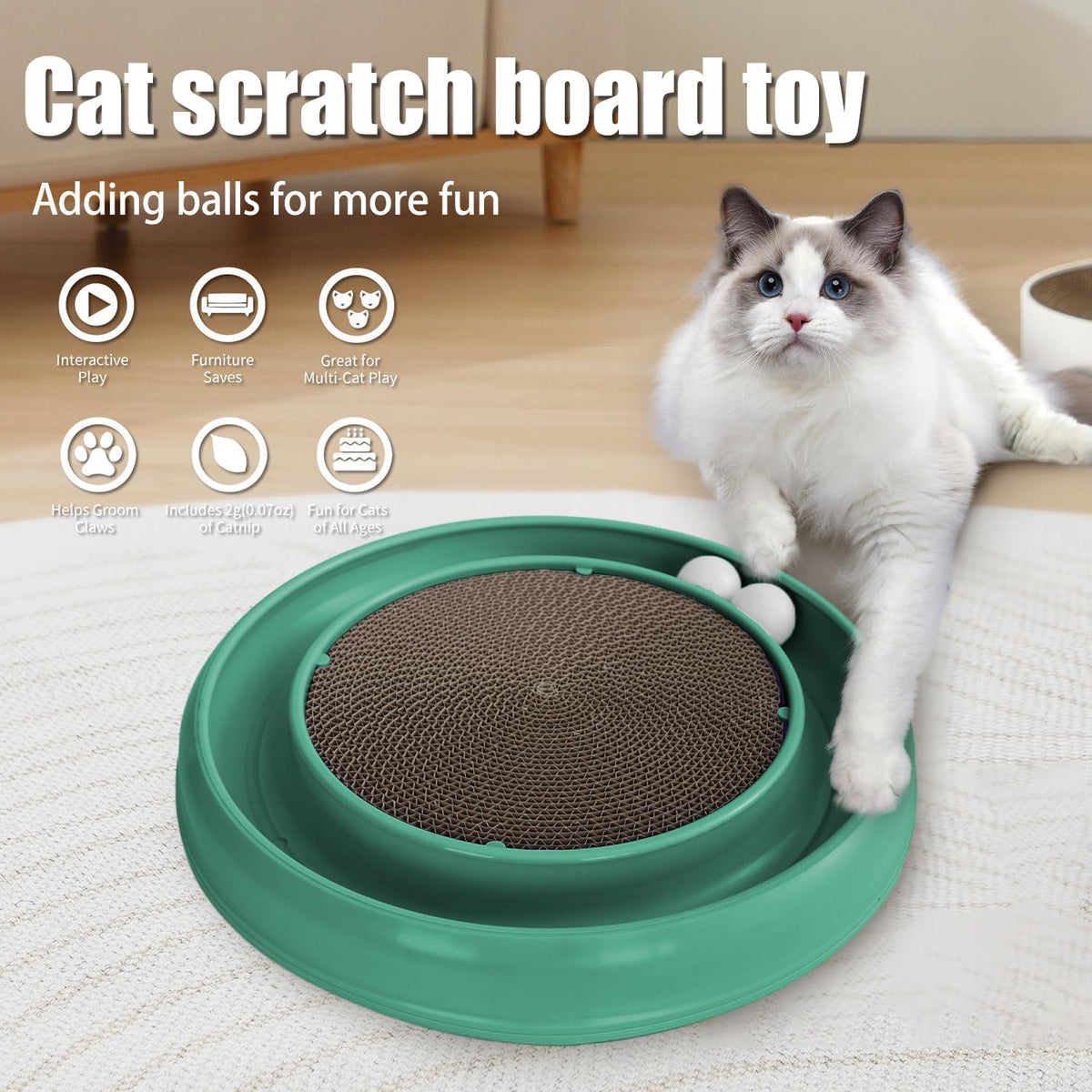 Interactive Cat Scratcher with Two Rotating Balls,Durable Scratch Pad for Indoor Play,Cardboard Cat