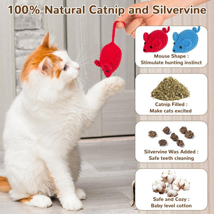 Retro Shaw Catnip Toys Crochet Mouse, 6 Pcs Yarn Cat Nip Mice Safe Teeth Cleaning Chew Toy for
