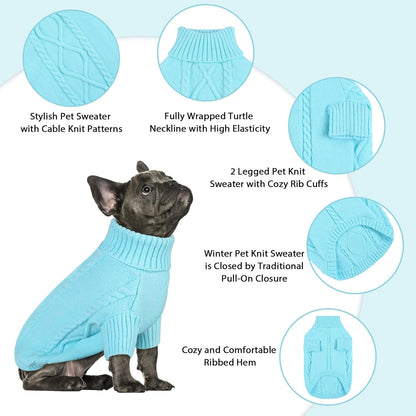 Queenmore Small Dog Pullover Sweater, Cold Weather Cable Knitwear, Classic Turtleneck Thick Warm