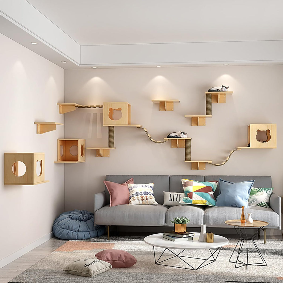 Cat Wall Shelves and Furniture Set with Condos, Perches, Bridge Ladders, Sisal Scratching Posts