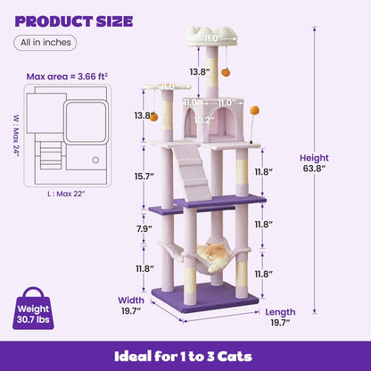 MWPO Flower Cat Tree for Indoor Cats, 63.8 Inches Multi-Level Cat Tower with Sisal-Covered