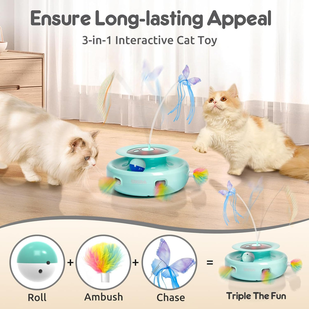 ORSDA Cat Toy, 3-in-1 Automatic Interactive Electronic Moving Ambush Feather, Fluttering Butterfly