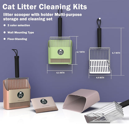 Cat Litter Scooper with Holder, Metal Litter Scoop Includes Portable Small Broom and Dustpan Set